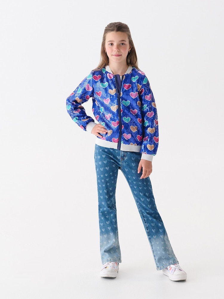 Hatley Blue Busted Hearts Sequin Bomber Jacket - Image 2 of 4 Hatley Blue Busted Hearts Sequin Bomber Jacket - Image 2 of 4