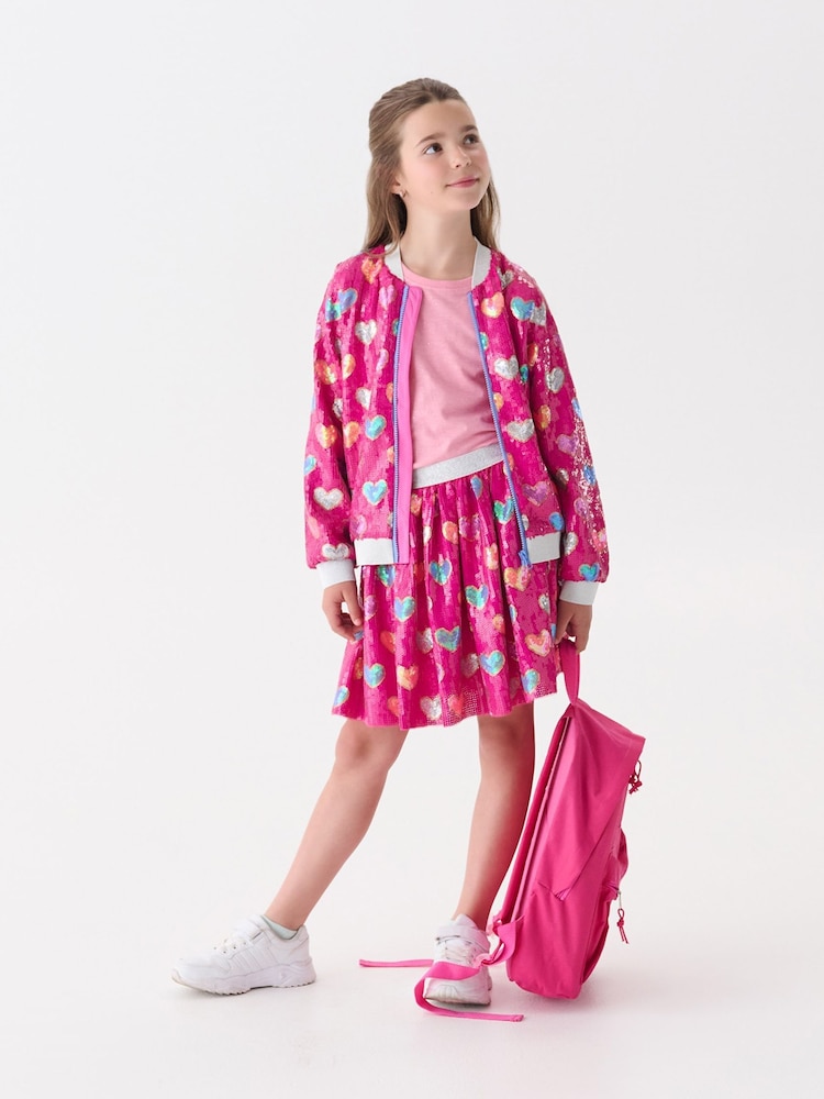 Hatley Pink Busted Hearts Sequin Bomber Jacket - Image 1 of 4 Hatley Pink Busted Hearts Sequin Bomber Jacket - Image 1 of 4