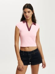 Cotton On Pink Alice Deep V Polo Top - Image 1 of 4