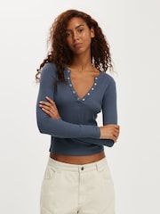 Cotton On Blue Ryan Henley Long Sleeve Top - Image 1 of 4