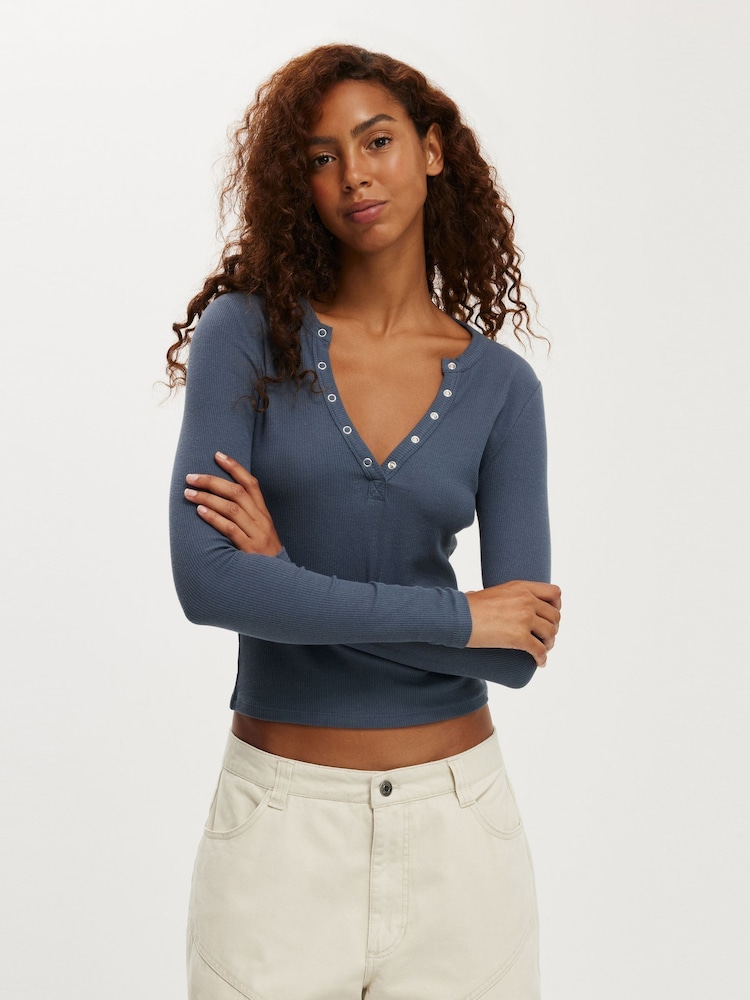 Cotton On Blue Ryan Henley Long Sleeve Top - Image 1 of 4
