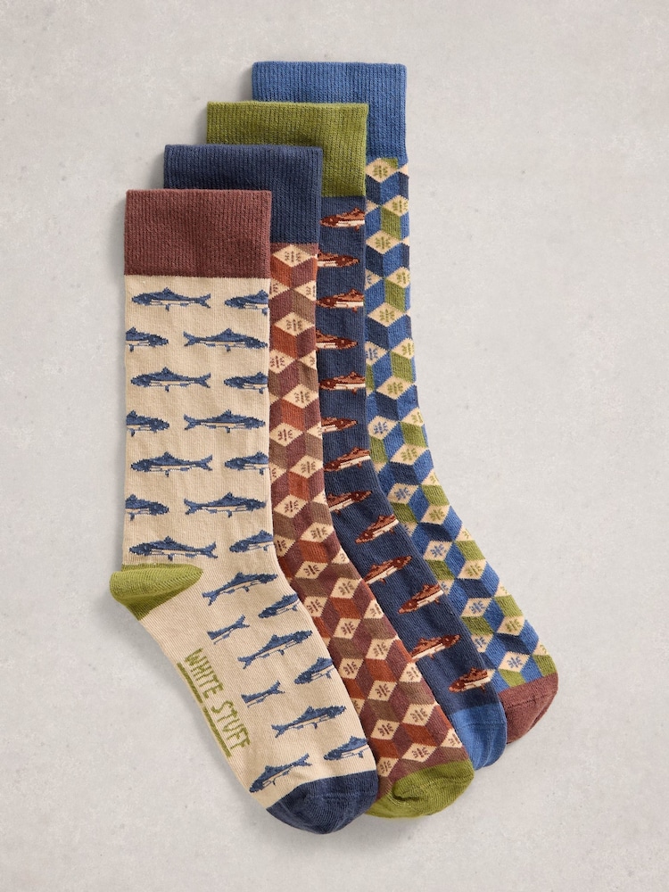 White Stuff Natural Fish Pattern Ankle Socks 4 Pack - Image 1 of 4