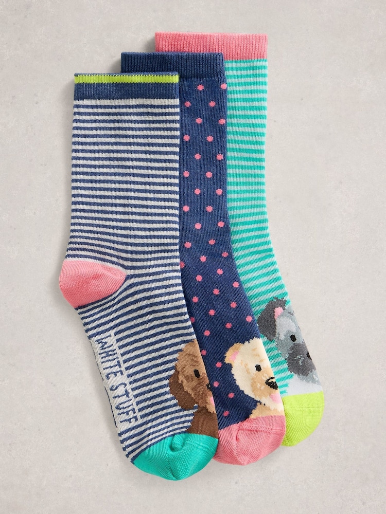 White Stuff Blue Dog Pals Ankle Socks 3 Pack - Image 1 of 2