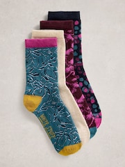 White Stuff Purple Floral Print Ankle Socks 4 Pack - Image 1 of 4