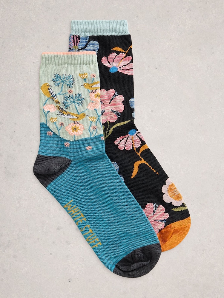 White Stuff Blue 2 Pack Floral Ankle Socks - Image 1 of 2