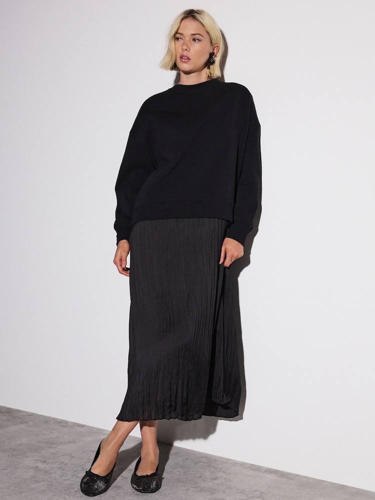 Black 2-In-1 Soft Touch Jumper With Satin Midi Skirt - Image 1 of 8 Black 2-In-1 Soft Touch Jumper With Satin Midi Skirt - Image 1 of 8
