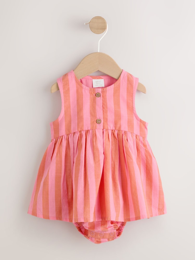 Rust Brown Stripe Woven Baby Dress With Intergrated Bodysuit (0mths-2yrs) - Image 1 of 7