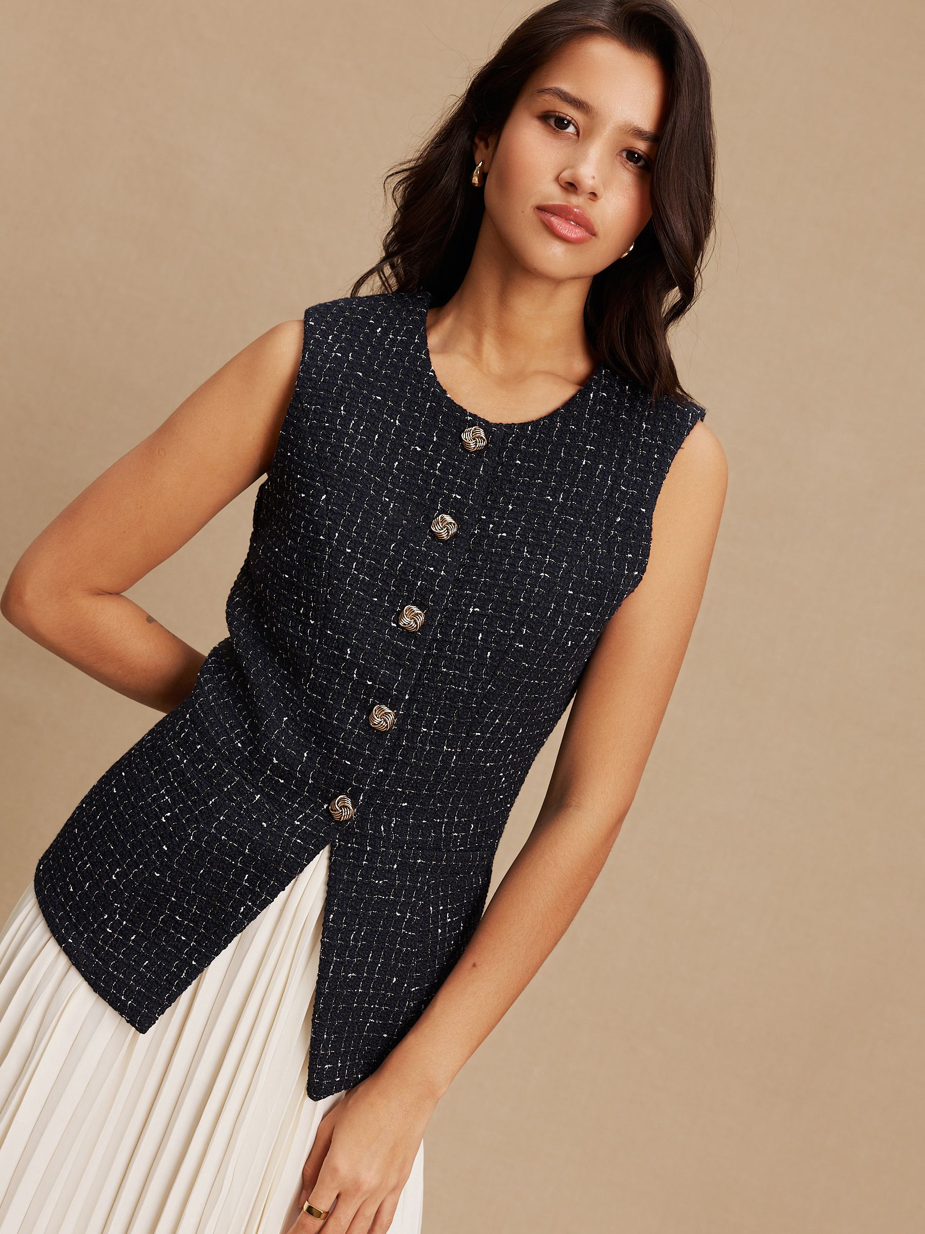 Buy Navy Blue/White Occasion 2-in-1 Tweed Waistcoat Dress from