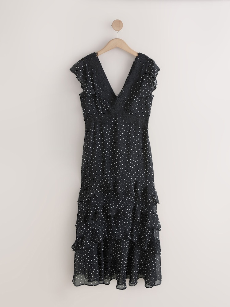 Buy Black/White Spot Lace Trim V-Neck Tiered Maxi Occasion Dress from Next  USA