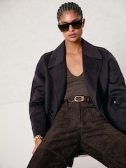 Reiss Chocolate Brown Priya Petite Suede High-Rise Flared Trousers - Image 1 of 8