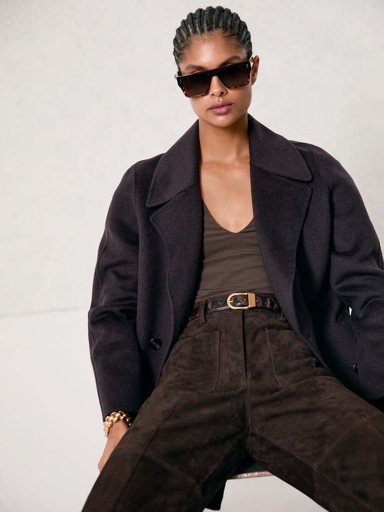 Reiss Chocolate Brown Priya Petite Suede High-Rise Flared Trousers - Image 1 of 8
