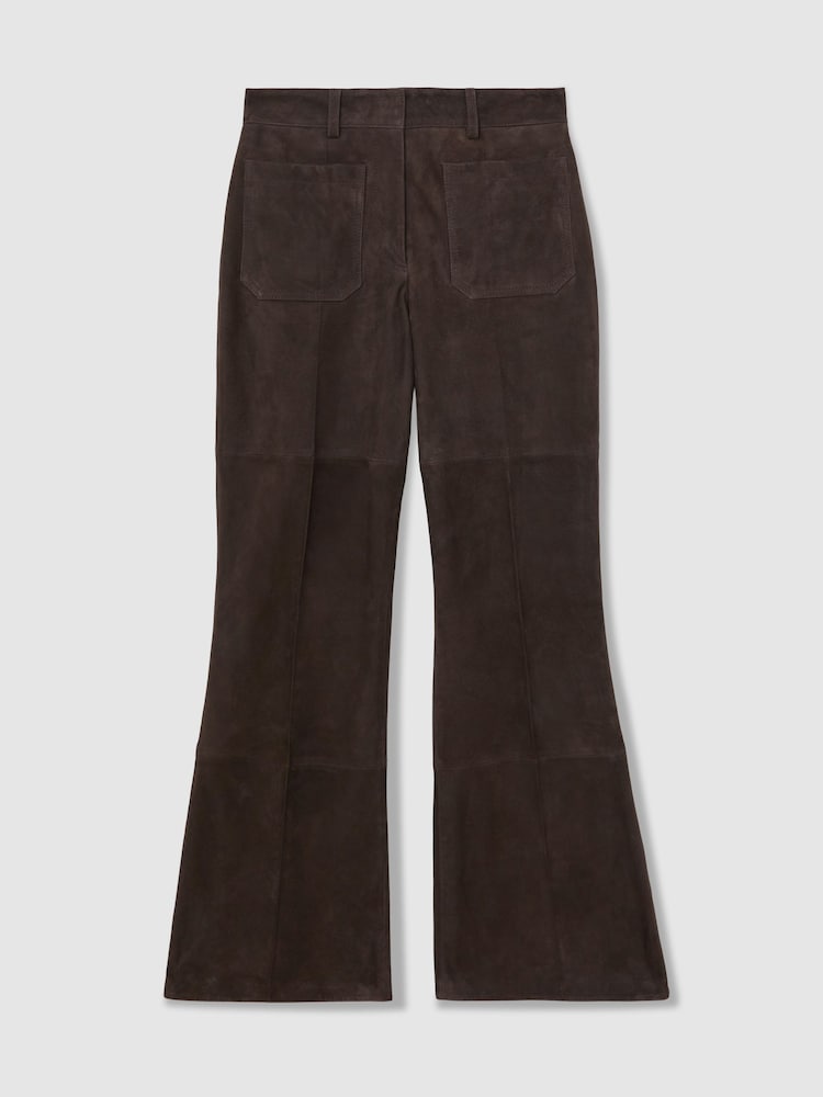 Reiss Chocolate Brown Priya Petite Suede High-Rise Flared Trousers - Image 2 of 8