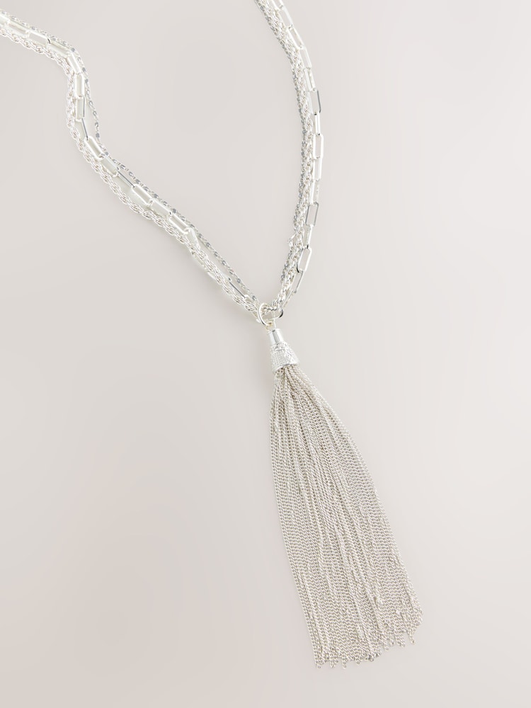 Με ασημένιο τόνο - 3 Κολιέ με κρεμαστό κόσμημα και φούντες σε στρώσεις - Εικόνα 2 του 3