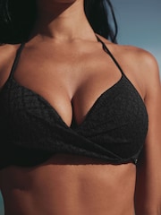 Black Broderie Padded Wired Plunge Bikini Top - Image 4 of 5