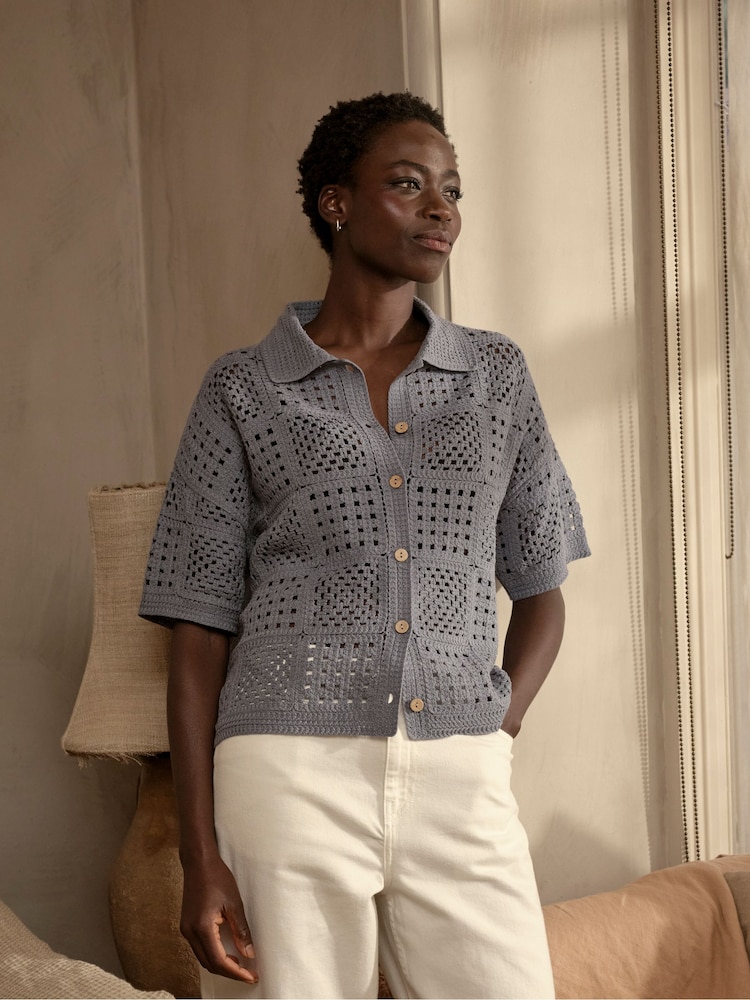 FatFace Astrid Blue Crochet Shirt - Image 1 of 6