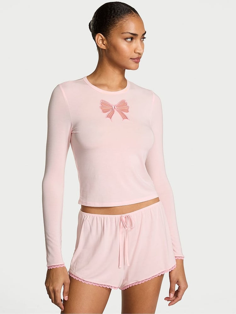 Victoria's Secret Angel Pink Modal Bow Pyjamas Long Sleeve Top & Shorts Set - Image 1 of 2 Victoria's Secret Angel Pink Modal Bow Pyjamas Long Sleeve Top & Shorts Set - Image 1 of 2