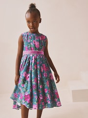 Albastru turcoaz - Rochie de bal cu imprimeu floral (3-14ani) - Imaginea 1 din 8