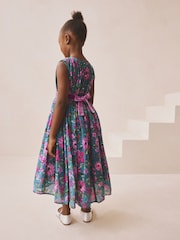 Albastru turcoaz - Rochie de bal cu imprimeu floral (3-14ani) - Imaginea 3 din 8