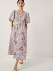 Monsoon Pink Alexis Embroidered Stripe Midi Dress - Image 1 of 4