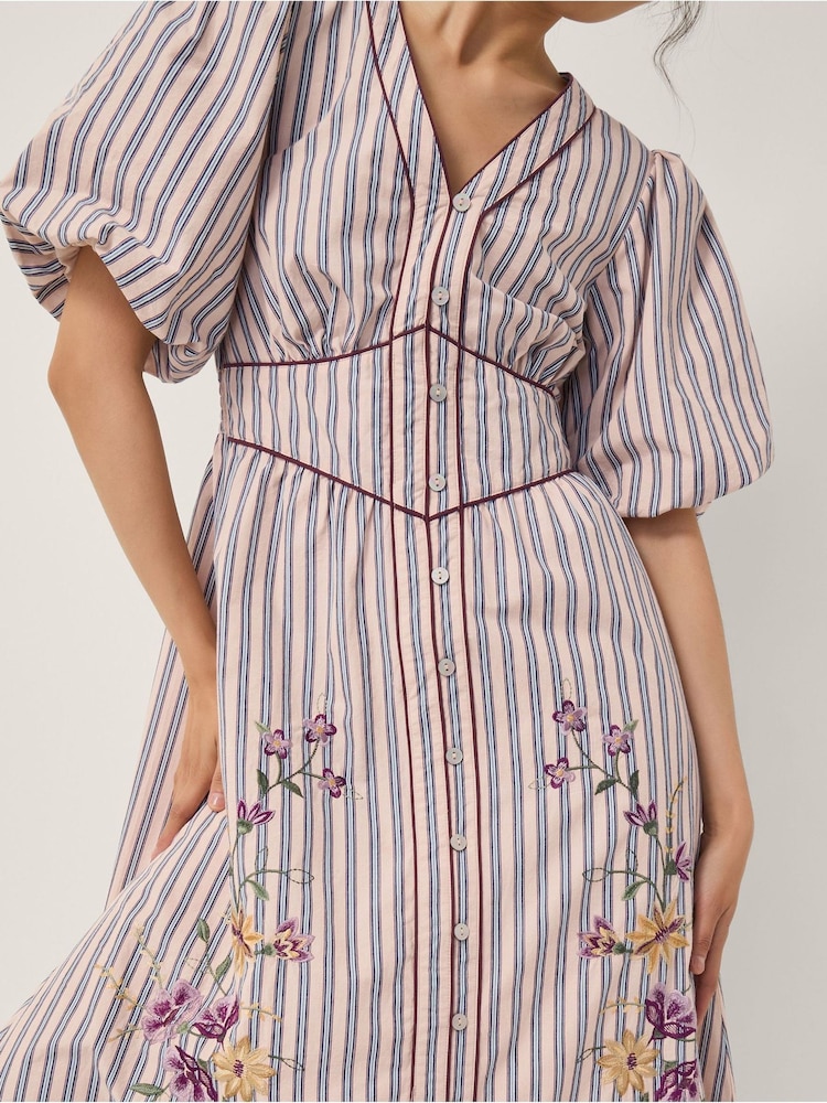 Monsoon Pink Alexis Embroidered Stripe Midi Dress - Image 2 of 4