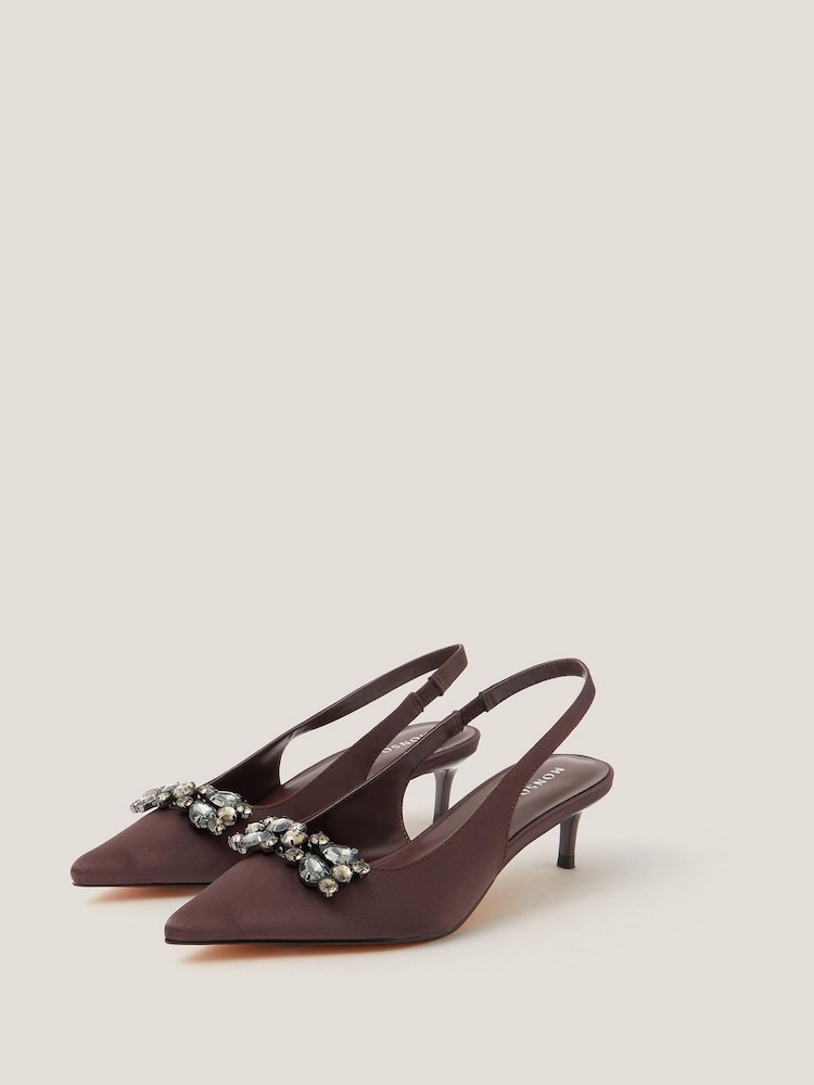 Monsoon Brown Kary Jewel Satin Slingback Sandals - Image 1 of 3
