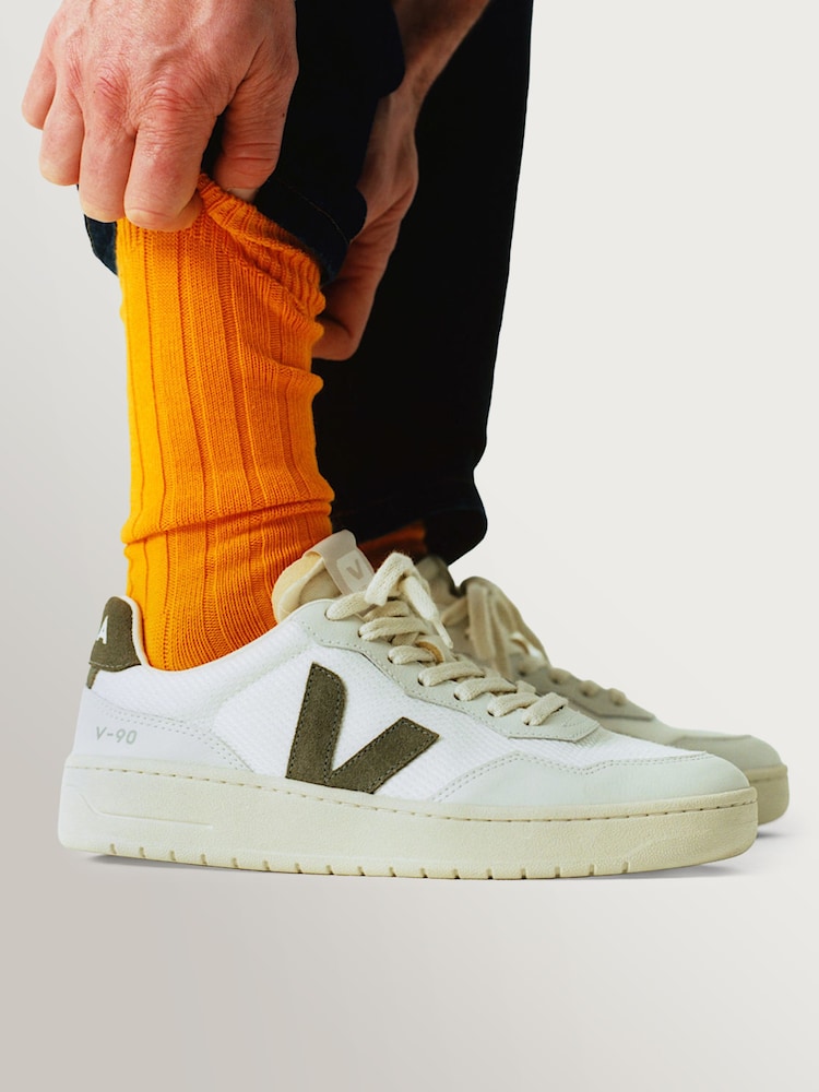 Veja White/Khaki Green V-90 Mesh Trainers - Image 1 of 3 Veja White/Khaki Green V-90 Mesh Trainers - Image 1 of 3