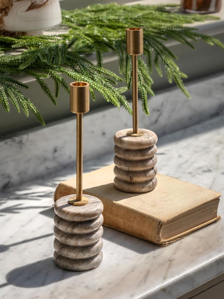 Gallery Home Set of 2 Natural Marble Candle Sticks - Image 1 of 6
