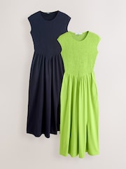 Lime Green / Navy Blue - Cap Sleeve Shirred Body Jersey Midi Dress 2 Pack - Obraz 1 z 10