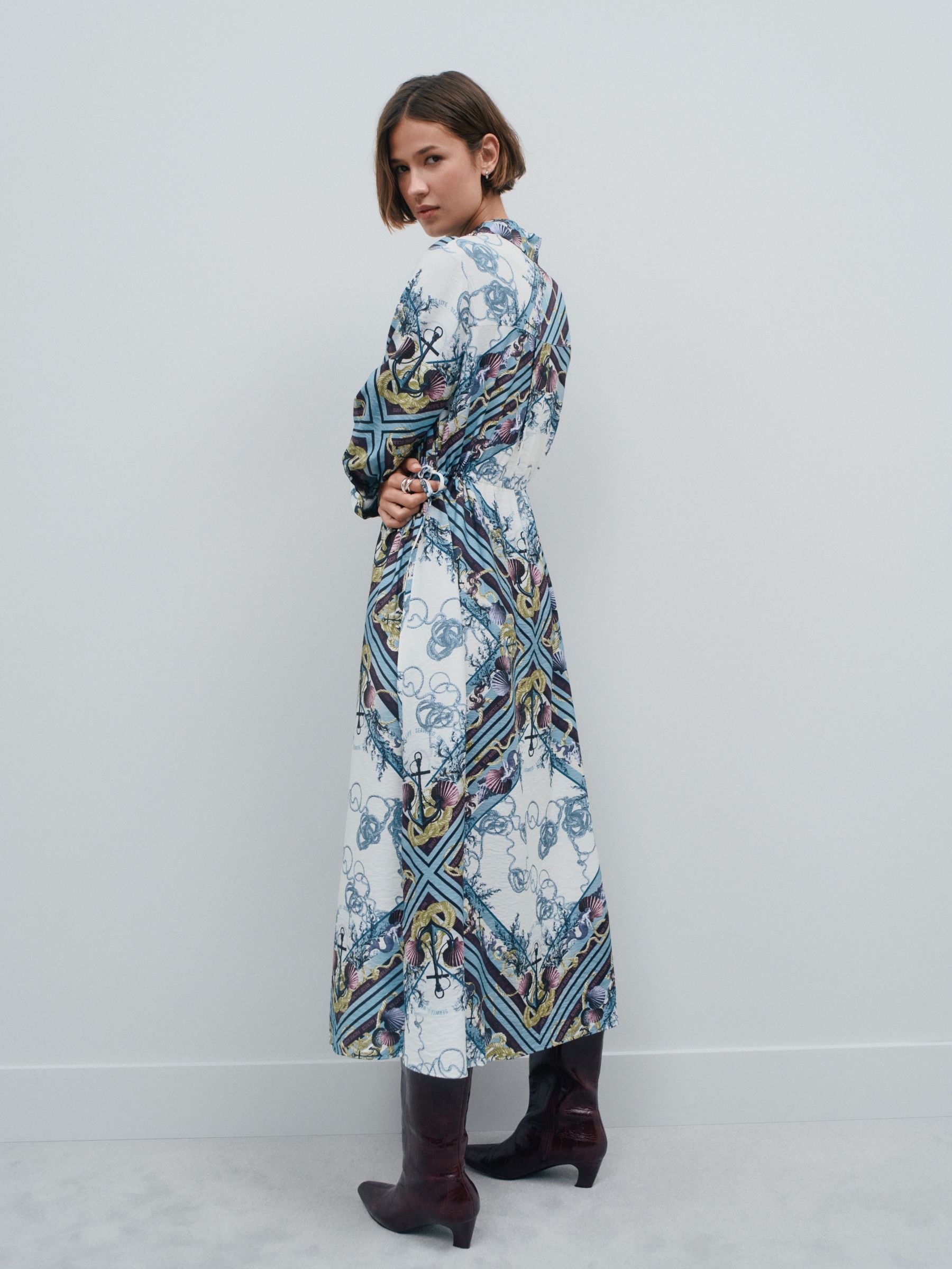 Buy Blue Rope Scarf Print Tie Waist Long Sleeve Midi Shirt Dress
