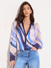 Lipsy Blue Swirl Stripe Print Military Button Detail Satin Shirt - Image 1 of 4