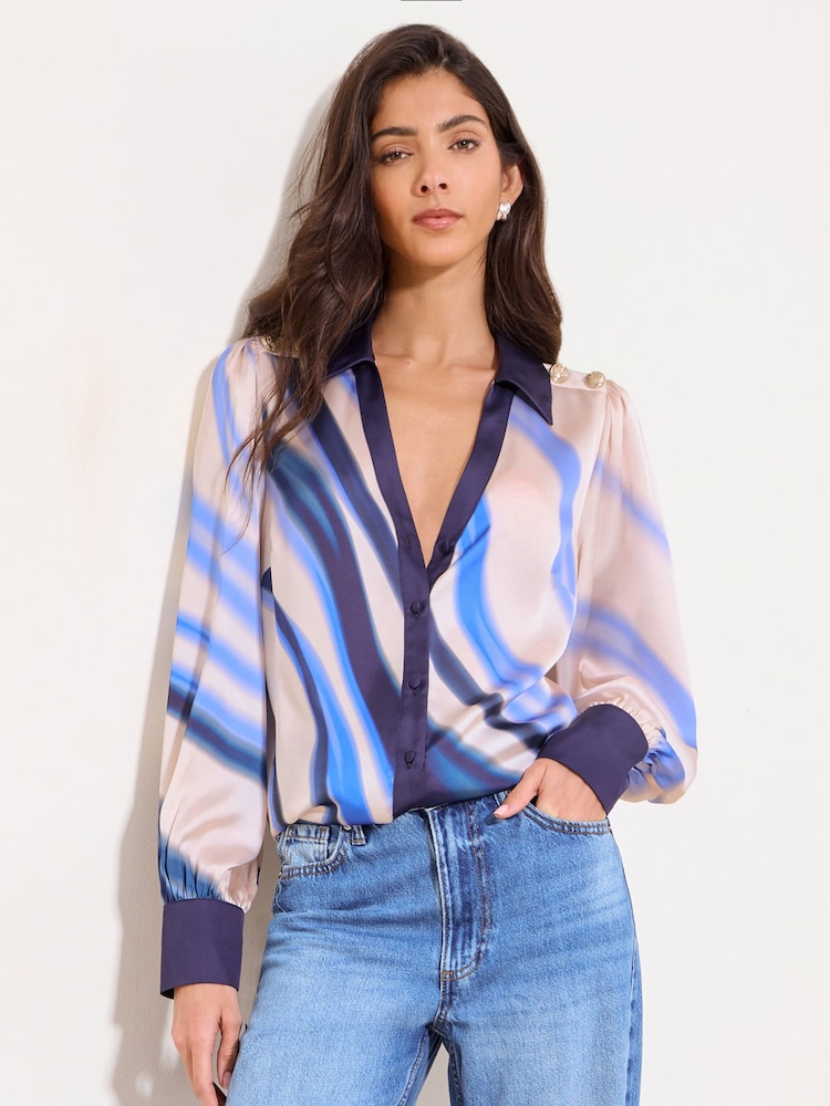 Lipsy Blue Swirl Stripe Print Military Button Detail Satin Shirt - Image 1 of 4