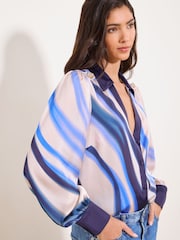 Lipsy Blue Swirl Stripe Print Military Button Detail Satin Shirt - Image 3 of 4