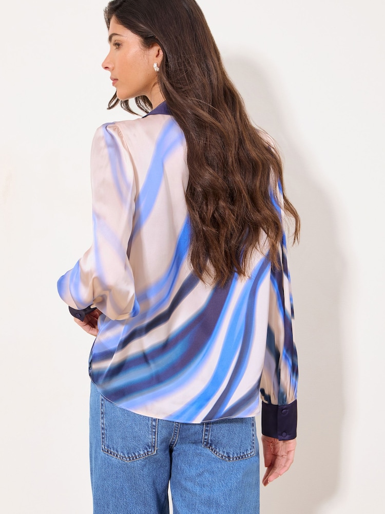 Lipsy Blue Swirl Stripe Print Military Button Detail Satin Shirt - Image 4 of 4
