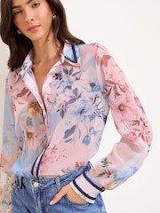 Lipsy Pink Floral Navy Tipped Chiffon Printed Shirt - Image 1 of 4