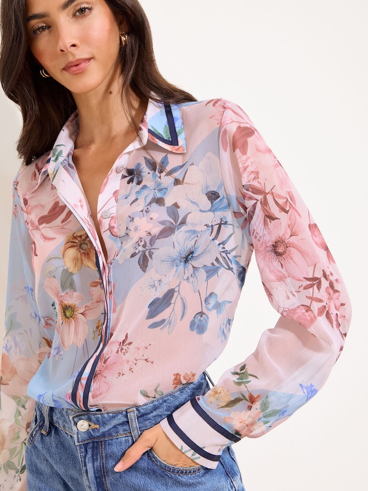 Lipsy Pink Floral Navy Tipped Chiffon Printed Shirt - Image 1 of 4