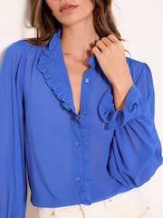 Lipsy Cobalt Blue Chiffon Ruffle Placket Blouse - Image 2 of 4