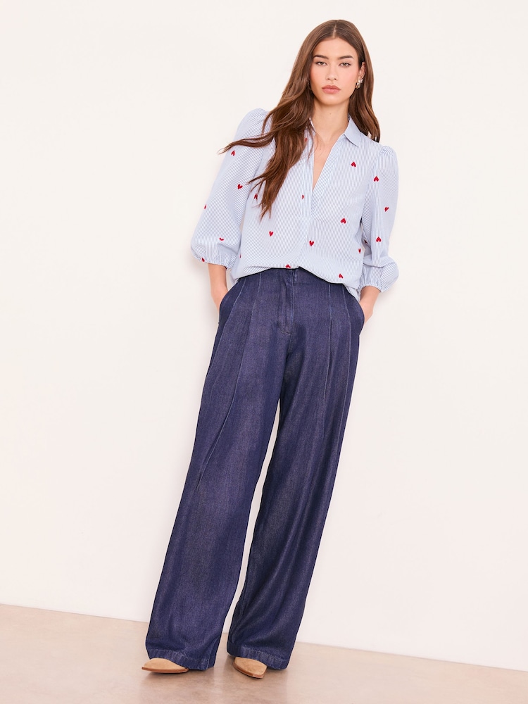 Lipsy Blue Bisou Heart Poplin Puff Sleeve Shirt - Image 1 of 4