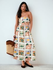 Kew Collection Ecru Floral Printed Ruched Bandeau Midi Dress with Linen - Image 1 of 5