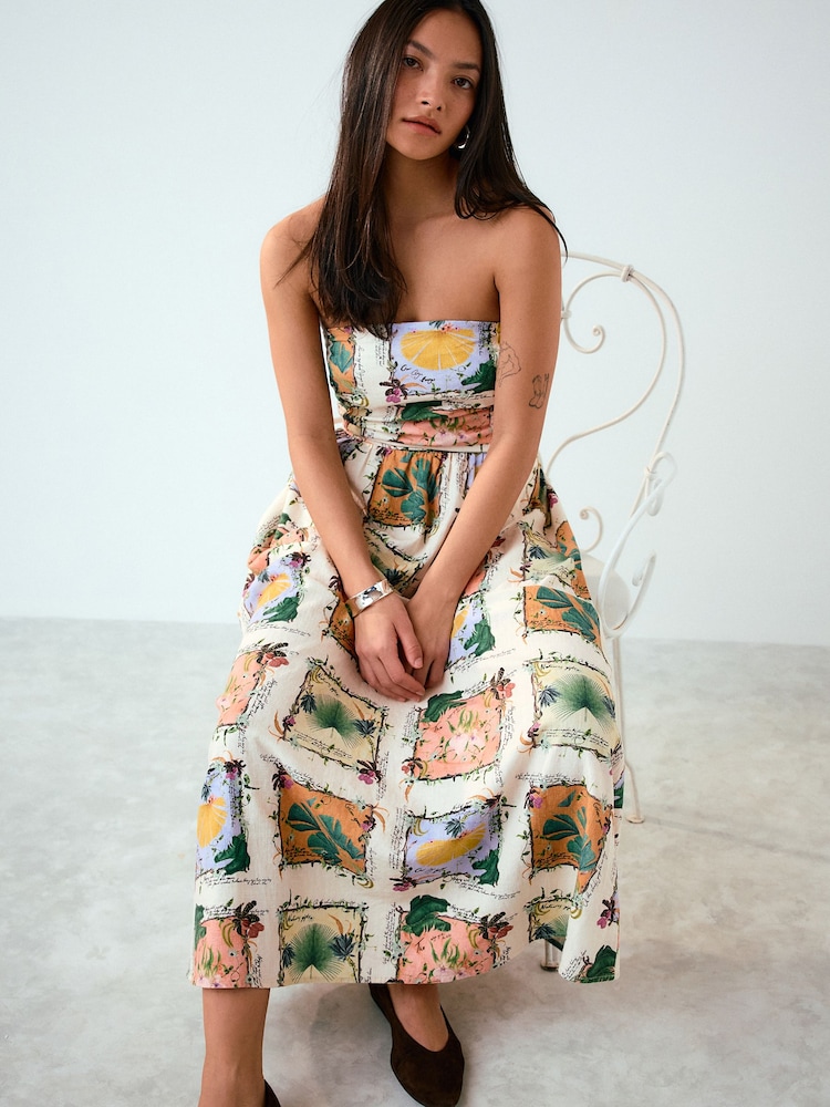 Kew Collection Ecru Floral Printed Ruched Bandeau Midi Dress with Linen - Image 2 of 5 Kew Collection Ecru Floral Printed Ruched Bandeau Midi Dress with Linen - Image 2 of 5