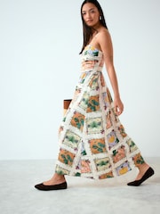 Kew Collection Ecru Floral Printed Ruched Bandeau Midi Dress with Linen - Image 3 of 5