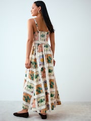 Kew Collection Ecru Floral Printed Ruched Bandeau Midi Dress with Linen - Image 4 of 5