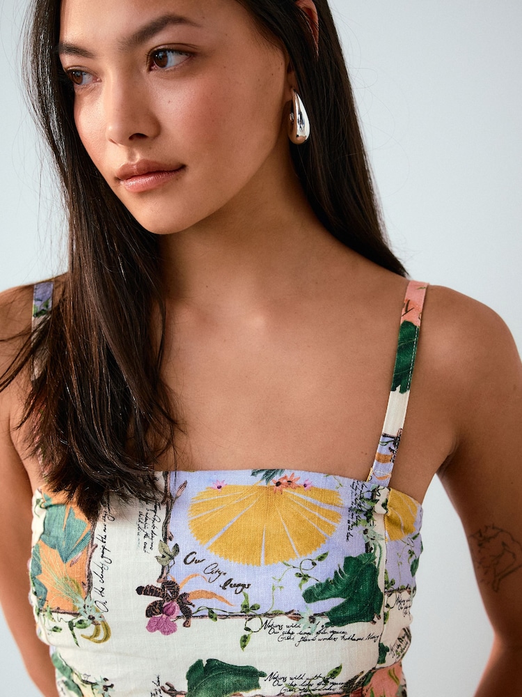 Kew Collection Ecru Floral Printed Ruched Bandeau Midi Dress with Linen - Image 5 of 5 Kew Collection Ecru Floral Printed Ruched Bandeau Midi Dress with Linen - Image 5 of 5