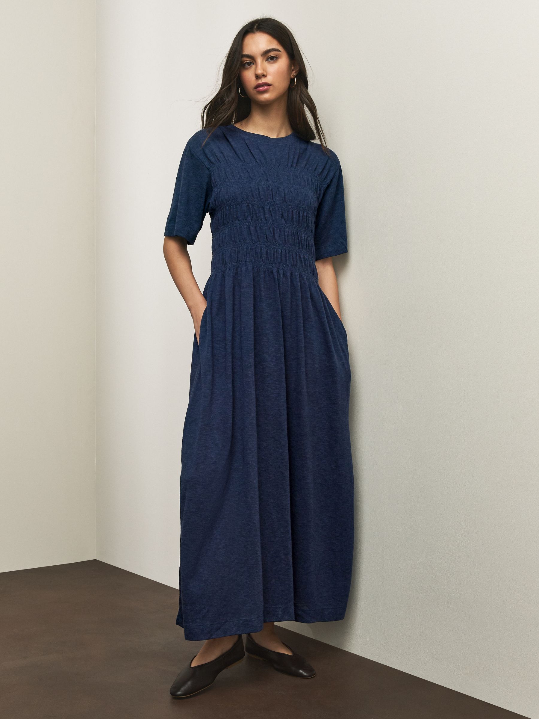 Buy Navy Blue Short Sleeve Shirred Body T-Shirt Midi Dress from