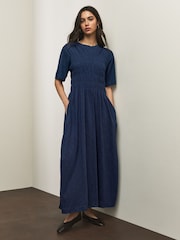 Navy Blue Short Sleeve Shirred Body T-Shirt Midi Dress - Image 1 of 6