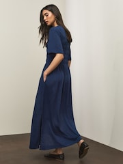 Navy Blue Short Sleeve Shirred Body T-Shirt Midi Dress - Image 2 of 6