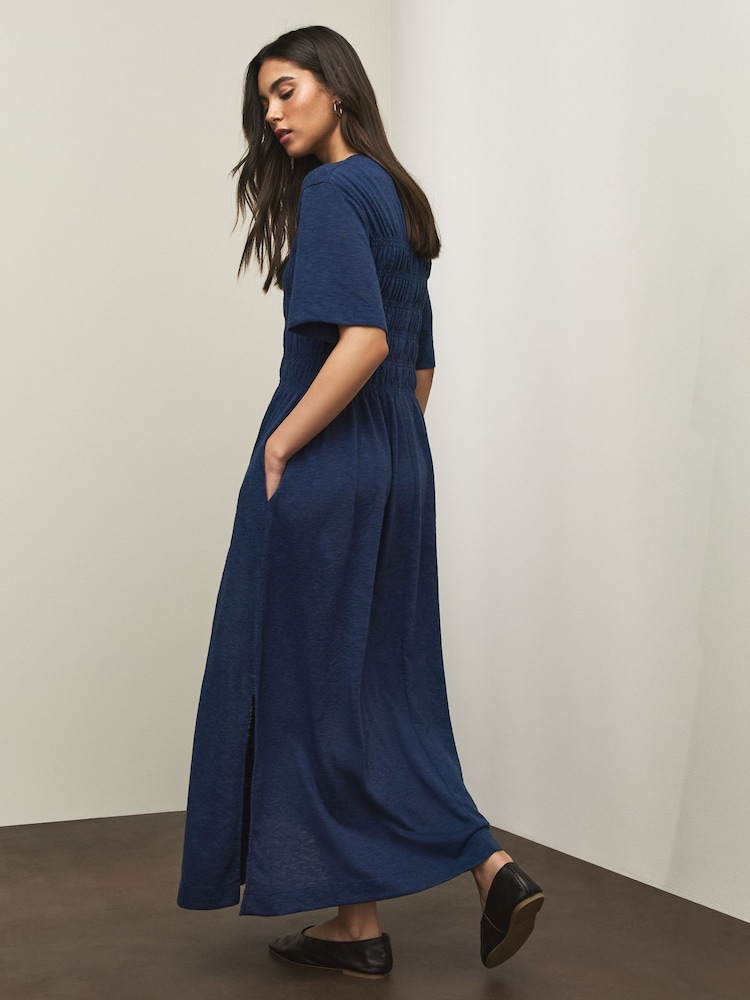 Navy Blue Short Sleeve Shirred Body T-Shirt Midi Dress - Image 2 of 6