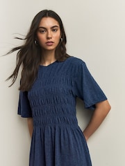 Navy Blue Short Sleeve Shirred Body T-Shirt Midi Dress - Image 3 of 6