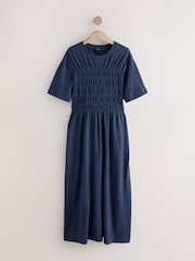 Navy Blue Short Sleeve Shirred Body T-Shirt Midi Dress - Image 4 of 6
