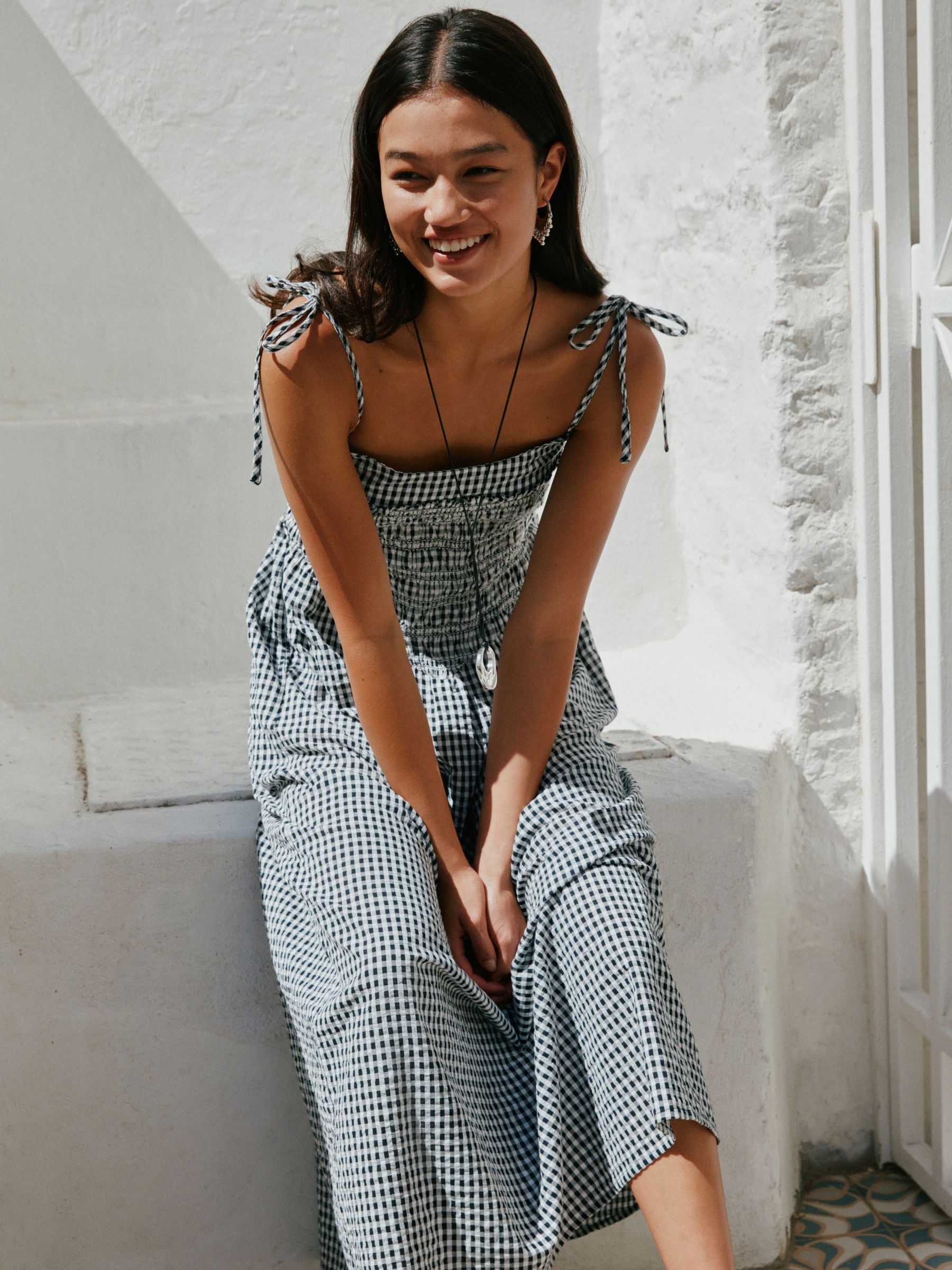 Buy Black/White Gingham Tie Shoulder Midi Summer Dress from Next USA