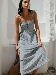 Monochrome Gingham Tie Shoulder Midi Summer Dress - Image 3 of 6